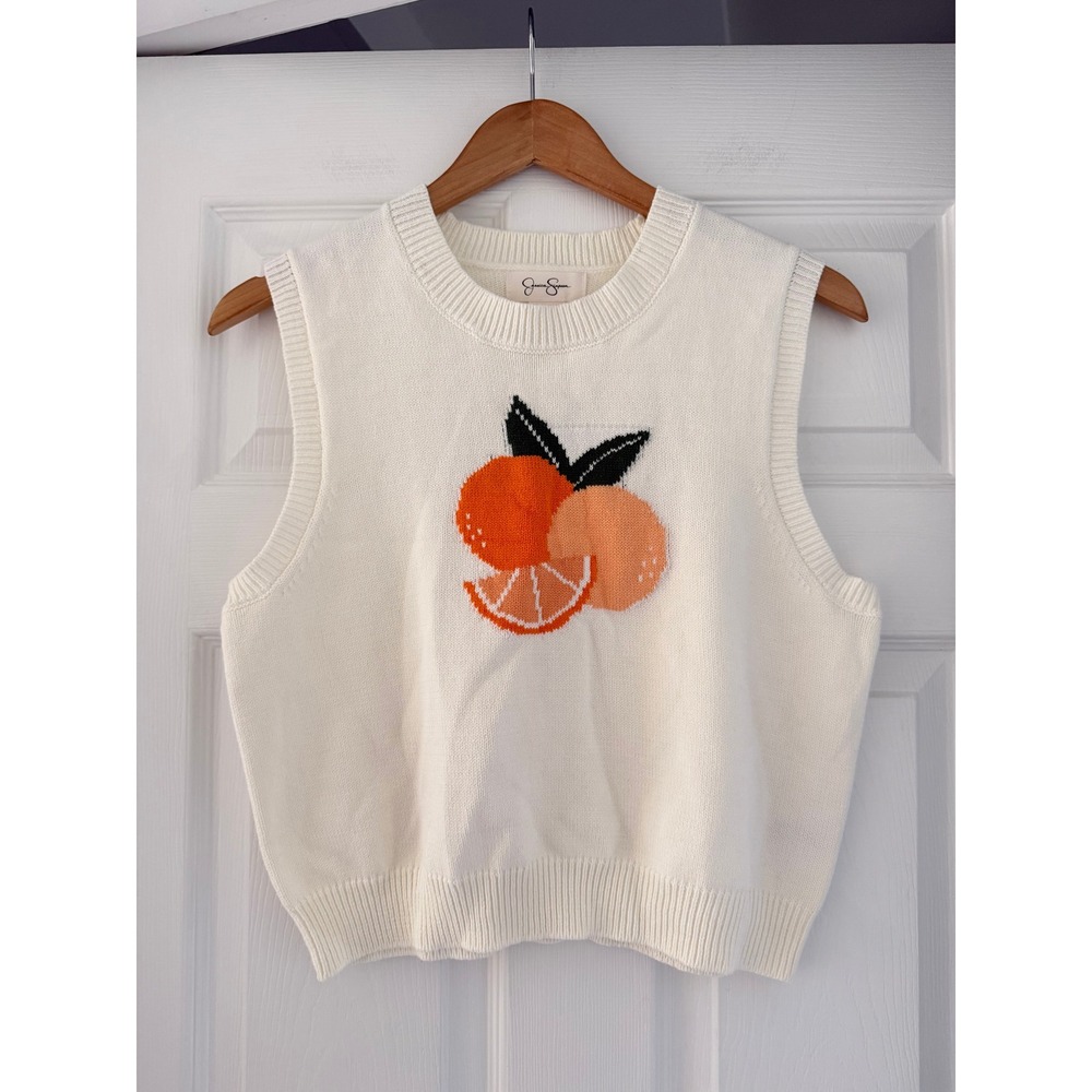 Womens Orange Novelty Sleeveless White Sweater Cottage Summer Preppy